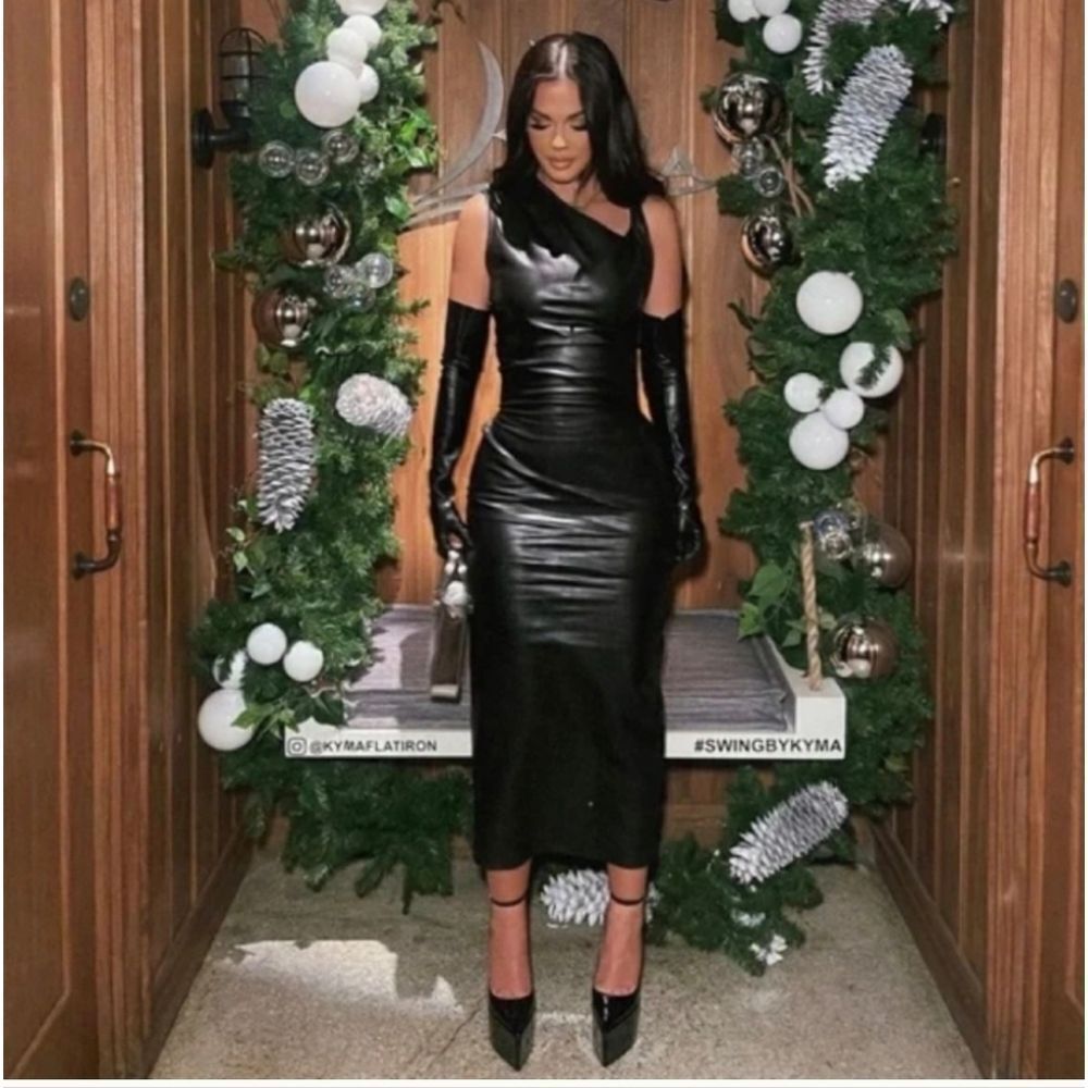 ZARA FAUX LEATHER MIDI BLACK DRESS NWT BLOGGERS FAV - Picture 2 of 16